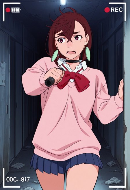 Score 9, Score 8, Score 7, Masterpiece, Superior Quality, Amazing Quality, Masterpiece, Maximum Quality, Ultra-detailed, Alone, White Frame, Maximum Contrast, Saturated Color, Bright Colors, Dynamic Lighting, alone, 20 years old, female body,
ayase_momo,
ayasemomo, hair between eyes, crossed bangs, green earrings,  brown hair, red eyes, black choker, short hair, white shirt, red bowtie,pleated skirt,school uniform, pink cardigan, long sleeves,
recording video, in an abandoned hospital, at night, scared, running, flashlight in hand,