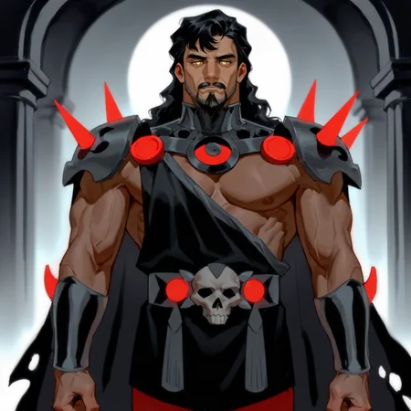 <lora:Hades__DCAU_DC_Comics:.7>, (Hades, Long hair, black hair, dark eyes, goatee, mustache, dark skin, black cape, ripped cape, shoulder spikes, bracer spikes,,) 
(looking at the viewer, cowboy shot)
(very short hair, beard, bara, mature, facial hair, stubble, beard, full beard, sideburn, beard, a lot of beard, ), facial hair,male focus, muscular male, muscular male, bara, mature,  bara, mature, aixiwuganda_(20222192), very awa, masterpiece, best quality, absurdres, newest, perfect quality, detailed background, intricate details,
<lora:slider_Body Type_alpha1.0_rank4_noxattn_last:3><lora:Anime Summer Days 2 Style SDXL_LoRA_Pony Diffusion V6 XL:.6><lora:slider_cfg_scale_boost:.7><lora:Artist6p:.55>, Artist6p, Artist04p,<lora:slider_il_brightness_slider_d1:-1><lora:slider_il_contrast_slider_d1:-1><lora:slider_DarkSlider1.2_alpha1.0_rank16_full_300steps:-.6>