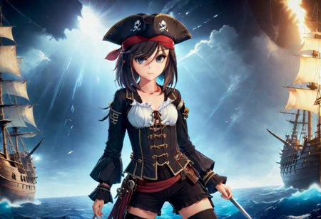 1girl,cute and beautiful face, full body, fighting stance,practical pirate attire, (long-sleeved pirate blouse),pirate hat, looking at viewer, fantasy,(pirate ship),realistic lighting,masterpiece,sword in hand,photograph <lora:Maya_Makinami:1>