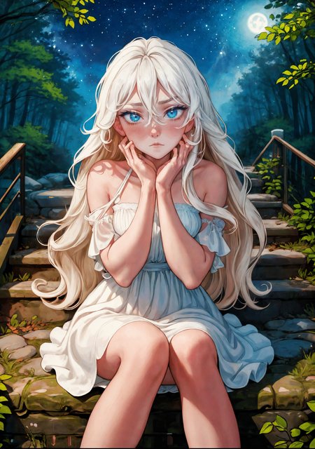 <lora:ARTSTYLE_AromaSensei_ownwaifu:1> ARTSTYLE_AromaSensei_ownwaifu
anime screencap, ultra high quality, girl, sitting on stairs, thoughtful pose, long flowing white hair, detailed face, contemplative expression, dark dress, night forest, starry sky with Milky Way, glowing fireflies, soft moonlight filtering through trees, ethereal glow, perfect anatomy, meticulously detailed hands, vibrant colors
<lora:add_detail:0.4>