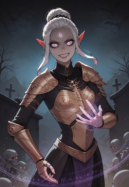 safe_pos, (masterpiece), highest quality, (close up), 1girl, sexy elf necromancer, elegant updo hair, perfect detailed eyes, glowing purple eyes, detailed face, slim, small breasts, dark necrotic armor, (evil grin), (holding an intricate dagger), (summoning the undead), (casting spell), (dynamic pose), magic particles, glowing particles, outdoors, night, moonlight, sinister graveyard, (magic skulls floating around), (armored skeleton warriors in background), detailed background