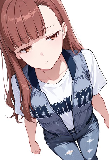 masterpiece,high quality details, absurdres,
 <lora:Nagisa_Satou:0.8>
nagisa_cnr, 1girl, brown hair, long hair, blunt bangs, asymmetrical bangs, brown eyes,, simple background, white background, dutch angle,solo,, lonely,disdain,, t-shirt ,button-up vest ,patched jeans,  ,print pantyhose,