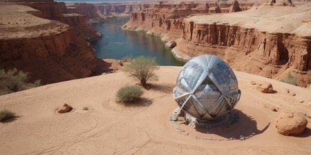([by Buckminster Fuller|by Santiago Calatrava]:1.5), earth model, (Giant Metal Orb.:0.5), floating metal sphere, canyon, desert landscape with oasis, deep crevice