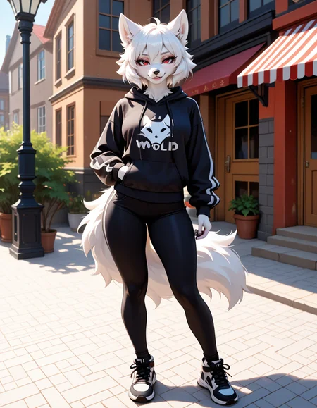masterpiece, best quality, very aesthetic, absurdres,
outdoors, casual, 
full body, standing, posing,
seductive smile, parted lips, long eyelashes,
 <lora:Red_v01_NAIXL:1>
R3d,1girl,solo,furry,furry female,wolf girl,white hair,short hair,wolf ears,red eyes,snout,animal nose, body fur,white fur,wold tail,