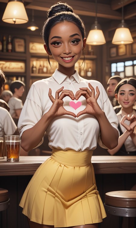 score_9, score_8_up, score_7_up, score_6_up, score_5_up, score_4_up,  slim girl in a pub  ,  fiheartcl,  making heart with hands, yellow short skirt and white blouse   , (dark short wild hairstyle)    <lora:FingerHeartPony:.8>