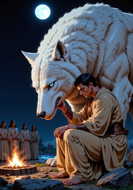Large, majestic white wolf, stylized fantasy creature, with intricate tribal markings.  Deep blue eyes and a gentle, almost serene expression.  Wolf interacts with a man, approximately 20 years old. man is seated close to the wolf and touching its fur. man attire is simple, light-tan/beige, simple tunic-like garments.  The wolf's fur is exceptionally detailed, with a soft, fluffy texture, a  pale white color. The markings on the wolf are delicate black lines creating a tribal pattern.  Night scene with a full moon in the background.  Group of people in the background in light-toned attire, Native American inspired garments, gathered around a campfire. Campfire provides a warm orange-yellow light, contrasting with the cool blues and whites of the scene.  Soft shadows, subtle lighting effects.  Wide-shot, slightly low-angle perspective, focusing on the connection between the man and the wolf.  Emotional tone is peaceful, warm, and hopeful, evoking a sense of connection and respect.  Natural, tribal, and fantasy style.  The image has a realistic/photographic feel in terms of the subject matter, but a fantasy element in the wolf.