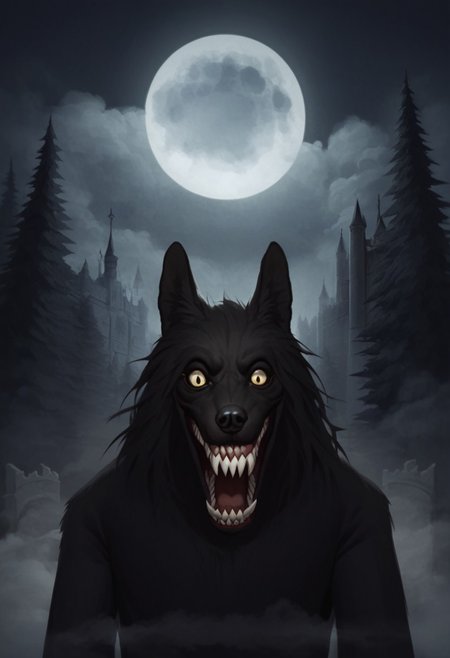 score 9, score 8, score 7, score 6, 1boy, furry male, solo, (solo focus, male focus), black fur, animal ears, yellow eyes, sharp teeth, claws, exterior, castle, night, moon, gothic, fog, forest, clouds, mist, horror,