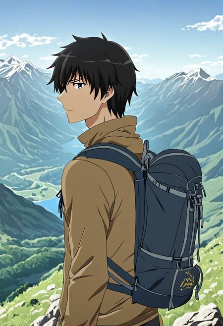 high resolution, solo, best quality, 1Boy, Kanie Seiya, Black Hair, landscape, upper body, look at the view behind, upper body, high mountain, hiking gear, OverallDetail