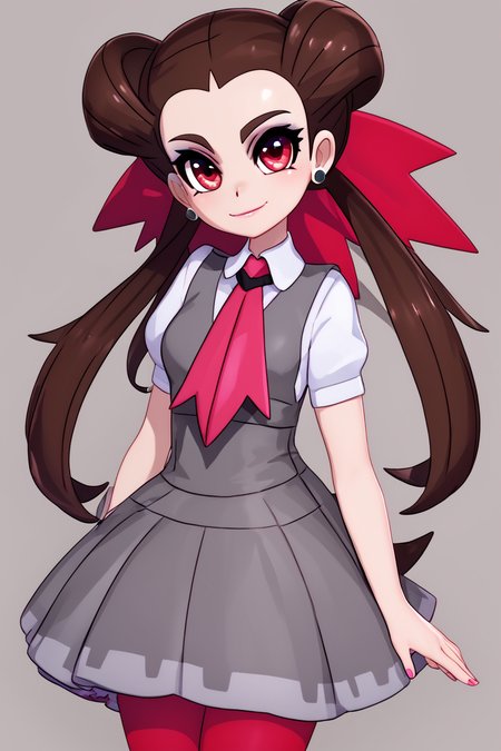 score_9, score_8_up, score_8, medium breasts, (curvy), cute, eyelashes,       BREAK, , ,,,   zzRoxanne, red eyes, long hair, brown hair, twintails, hair pulled back, pantyhose, ascot, grey dress, short sleeves, ribbon, shirt, hair ribbon, <lora:Roxanne_Pokemon_PDXL:1.0>, ,,, , BREAK, smile, closed mouth, looking at viewer, cowboy shot,  ,,, embedding:zPDXL, Expressiveh, ,,, <lora:MantisStyle_PDXL_v2:0.8>, <lora:SDXLFaeTastic2400:0.5>, <lora:Expressive_H-000001:0.4>,