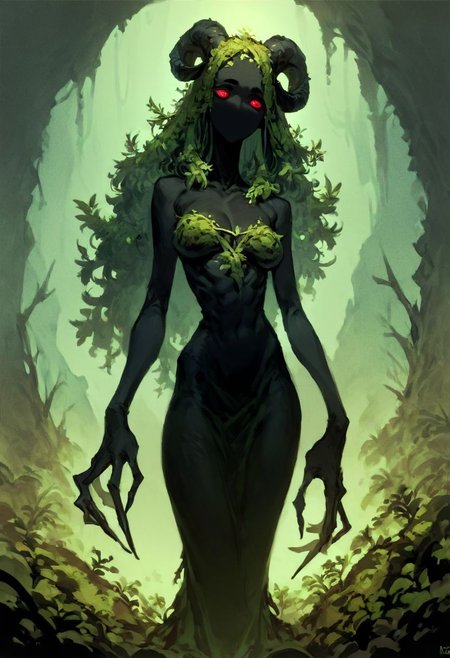 (score_9, score_8_up, score_7_up, score_6_up), cowboy shot, front angle,
monster, female, deep black skin, (glow red eyes, half-close eyes), (sheep horn), moss dress, (not mouth, not nose), plant long hair, long finger, sharp finger,