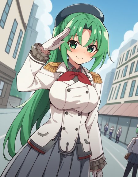 score_9, score_8_up, score_7_up, source_anime, <lora:mion-sonozaki-s4-ponyxl-lora-nochekaiser:1>, mion sonozaki, long hair, green eyes, ponytail, green hair, large breasts,, <lora:kashima-cosplay-ponyxl-lora-nochekaiser:1>, kashimacosplay, kashima (kancolle) (cosplay), beret, buttons, epaulletes, frilled sleeves, frills, gloves, grey skirt, hat, jacket, long sleeves, military, military uniform, miniskirt, pleated skirt, neckerchief, red neckerchief, skirt, uniform, white gloves, white jacket,, cityscape, street, smile, blush, salute, , dutch angle, cowboy shot