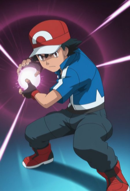 masterpiece, best quality, PokemonStyle, ashxyz, 1boy, male focus, solo, brown eyes, black hair, bangs, hat, baseball cap, red footwear, shirt, black shirt, jacket, blue jacket, short sleeves, gloves, black gloves, fingerless gloves, kamehameha, energy ball, aura, looking at the viewer, serious face, scream