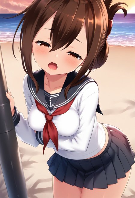 score_9,score_8_up,score_7_up,source_anime,anime, BREAK, 
yapo, 
1girl, inazuma \(kancolle\), (medium breasts), (shortstack:1.0), brown hair, folded ponytail, long hair, brown eyes, (tareme:1.2), 
serafuku, black sailor collar, black mini skirt, long sleeves, neckerchief, sailor collar, 
(half closed eyes), small open mouth, 
head tilt, leaning forward, 
(angle:random),  
outdoors, warm light, beach, sunset,