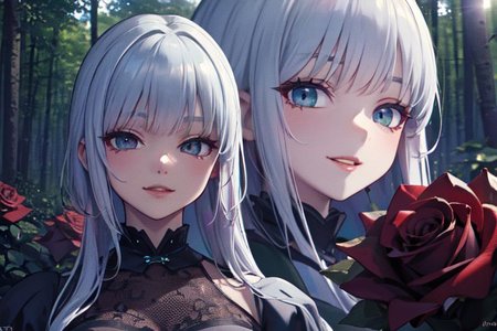 (masterpiece:1.4), 4K8K, (anime style), (high shutterspeed:1.4), (sharp edges), 
SyFyEye1, 
1woman  hands togather,  leaning foward, face focus, smile, closed mouth, 
wearing Celtic style dress, (Detailed face, Detailed eyes, Detailed lips), 
any colored roses, Fantastic Forest at night,