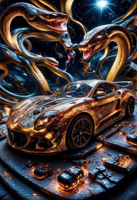 sn4k3, aidmamj6.1, mythp0rt, anime, cyberpunk, Design a surreal, futuristic car specifically crafted for snake worship. The vehicle is entirely constructed from intricately detailed snake skin, with scales that shimmer in metallic and organic tones. The car's sleek, aerodynamic shape incorporates serpentine curves, resembling a coiled snake in motion. The headlights mimic the glowing eyes of a snake, and the interior features sacred symbols and motifs related to snake worship. The overall aesthetic is otherworldly, blending advanced technology with ancient mysticism, set against a dreamlike, surreal backdrop that enhances its divine and futuristic aura.