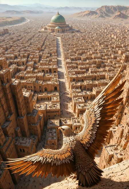 a bird's-eye view of an ancient desert city, with a large bird of prey, possibly an eagle, in the foreground. The bird's wings are spread wide, showcasing intricate feather details in shades of brown and white. Below, the city is sprawling with tightly packed, sand-colored buildings and narrow streets, creating a labyrinthine layout. In the distance, a prominent green-domed structure stands out, surrounded by a haze that suggests a desert environment. The sky is clear, with a soft blue hue, enhancing the overall warm and arid atmosphere of the scene.