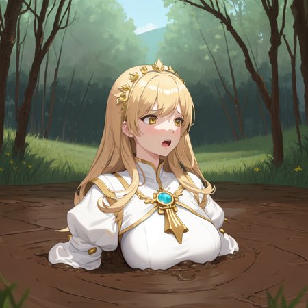 masterpiece, best quality, digital art, deviantart, 1girl, golden hair, large breasts, white dress, gold ornaments, priestess, green grass, hills in the distance, trees, flowers, blue sky, partially submerged, brown mud, mud bog, sticky mud, scared, worried, screaming, close up, upper body shot