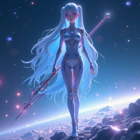 An idol biomimetic girl named "Lingguang" stands atop the vast expanse of interstellar space, with a background of colorful star systems and twinkling stars, creating an atmosphere that is both mysterious and dreamy.

"Lingguang" boasts an astonishing appearance design: her skin has a delicate jade-like tone of blue and white, resembling the brightest star in the night sky; her long hair cascades like a waterfall, alternating between deep and shallow shades of blue and silver, shimmering with enchanting light under weak illumination. Her eyes are profound and enigmatic purple, as if able to see through the mysteries of the entire universe.

The costume design of "Lingguang" is equally captivating: she wears a body-hugging dress made from high-tech materials, presenting an elegant and modern style with its streamlined design. The color subtly changes along with the surrounding starry sky, transitioning from blue to purple, then to silver and white, as if she herself were freely traversing the universe.

Her hands gently hold a long rod made of unknown metal, which not only symbolizes her power but also serves as a bridge connecting her with the mysteries of the cosmos. As "Lingguang" steps forward, it seems that the surrounding starry sky is also cheering for her, emitting heartwarming light and sounds.

The entire photo not only showcases the unique charm of "Lingguang" as an idol biomimetic girl but also conveys a spirit of infinite curiosity and desire to explore unknown worlds. Her presence is like the brightest star in the universe, guiding us to seek those beautiful and mysterious unknown corners.
