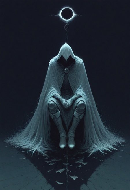 Moon knight, hidden face, mysterious, hooded, full body, dark enigmatic warrior, storm of falling shards, tattered cloak that billows in the wind, art by Wayne Barlowe, horror, eclipse, shadow, faceless, boots. sitting,