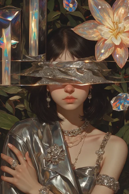 A midshot editorial portrait of a tanned-skinned woman with polished, light-reflecting skin and sleek, jet-black hair styled in a sharp bob. Her hair is complemented by a metallic silver scarf draped elegantly over her head, layered with ultra-thin silver chains that shimmer softly. She wears an avant-garde metallic jumpsuit by Balmain, featuring bold asymmetrical lines and sculptural details. Accessories include silver drop earrings, a chain-link choker, a thin diamond nose ring, a crystal-encrusted comb, and a geometric cuff bracelet. The optical illusion partially obscuring her face is a series of angular, intersecting lines across the frame, creating a fractured geometric pattern. The background features illuminated chrome monoliths, a glowing exotic flower with crystalline petals, and fragmented holographic elements, giving the entire composition a surreal, high-fashion edge.