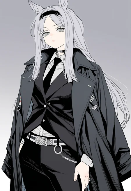 masterpiece,best quality,amazing quality,
1girl, solo, long hair, animal ears, necktie, looking at viewer, black necktie, shirt, horse ears, long sleeves, collared shirt, white shirt, cowboy shot, belt, black coat, closed mouth, white hair, grey eyes, pants, coat, bangs, parted bangs, black jacket, grey hair, black pants, jacket, choker, hairband, o-ring, lips,
 <lora:Dayama_epoch_8:1>