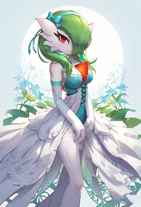 (((gardevoir))), female, anthro, pale white skin, score_9, score_8_up, score_7_up, source_anime,best quality anime, intricate details,
1girl, Gardevoir, looking at viewer, red eyes, green hair, (long hair with hair ribbons),
wearing Acqua intricate dress, laces, elbow gloves,
outdoor parc background, 
top view, volumetric lighting, smiling, standing pose