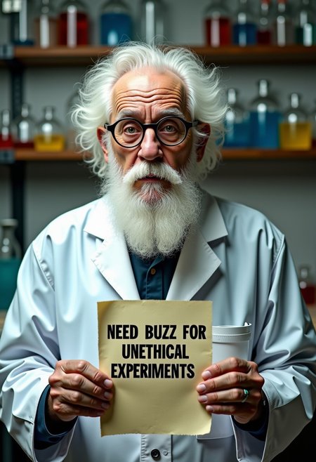 Deranged looking old man with white hair and a long beard, round glasses, scientist clothes, laboratory, chemical equipment. He is holding a piece of paper with  "NEED BUZZ FOR UNETHICAL EXPERIMENTS".