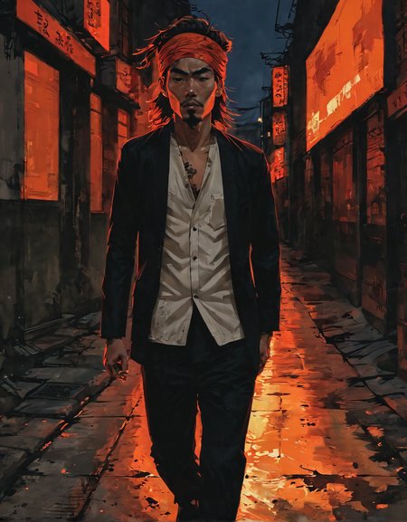 hyperrealistic dark and gritty impactful paint of a solid japanese screaming male artist painter wearing a draped turban and ted baker clothes  walking along a deserted city street at night, long turmeric hair, outside in Austria during orange hour pre-winter, inspired by futuristic anime, dramatic cinematic rembrandt lighting<lora:The_Pulp_Session:0.90>