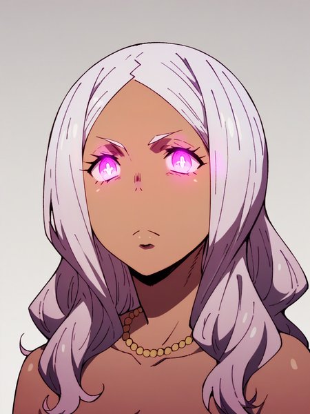 score_9, score_8_up, score_7_up, score_6_up, score_5_up, <lora:fforceXLP:1> fforce, 1girl, solo, dark skin, dark-skinned female, jewelry, long hair, necklace, glowing eyes, pink eyes, glowing, purple eyes,