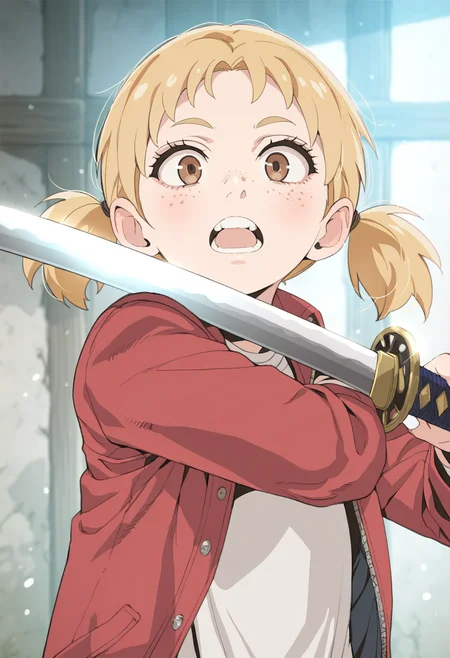 masterpiece,best quality,amazing quality,
1girl, weapon, blonde hair, sword, solo, katana, freckles, holding, jacket, twintails, open mouth, brown eyes, shirt, holding weapon, holding sword, red jacket, white shirt, open clothes, upper body, teeth, looking at viewer, short twintails, open jacket,
 <lora:Saeki Tatsuya_epoch_9:1>