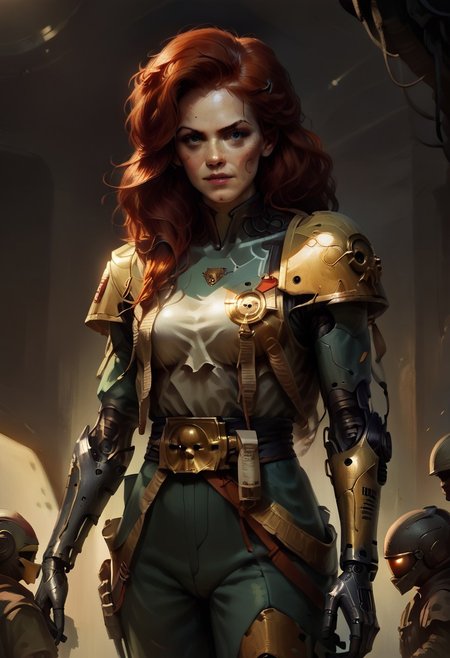 score_9, score_8_up, score_7_up, score_6_up, source_anime, w4rh4mm3r style oil painting, grimdark, young redhead woman, futuristic soldier with cybernetic arms, AH_Hayez, concept art, realistic, dark theme, low light, knva, halftone effect, retro artstyle
