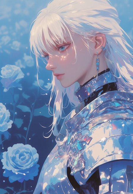 A hyper-realistic, ethereal character with long, flowing white hair kneels solemnly amidst a surreal field of large blue roses, their downcast gaze filled with a sense of melancholy. The character is clad in intricate, reflective chrome armor, with each plate polished to a mirror-like finish, capturing subtle reflections of the surrounding blue roses and cool, dim lighting. The chrome surface enhances the elaborate engravings on the armor, giving it a futuristic yet medieval elegance. Their eyes, crying, tears, a bright, piercing blue, appear teary, adding a depth of sorrow to their expression. The shoulder armor bears a regal crest, blending elements of nobility and sadness. The deep blue roses around them contrast beautifully with the silvery chrome, adding a serene, otherworldly atmosphere to the scene. The soft glow of the background emphasizes the character’s introspective state, creating a moment of quiet vulnerability. ((reflective chrome armor, melancholic, hyper-realistic, fantasy, long white hair, blue roses, intricate chrome details, ethereal lighting, surreal setting, in the style of Jed-clrfl, highly detailed, somber mood, emotional portrait, glow_skin, iridescent skin, oily skin, portrait, Detailed hand, Hand, Perfect hand, in the style of Jed-clrfl, surreal photo, iridescent, aesthetic))
