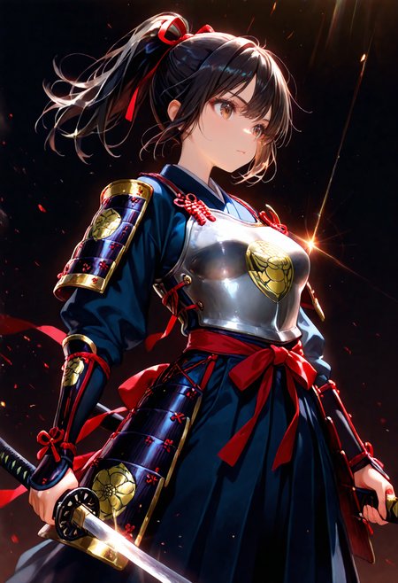 1girl, solo, brown eyes, black hair, medium breasts, ponytail, red ribbon, 
japanese armor,breastplate, family crest print, holding katana,diffraction spikes,
dark background,dynamic pose, 
safe,masterpiece,amazing quality,best quality, <lora:holographiccolor:0.8> <lora:spo_sdxl_10ep_4k-data_lora_webui_482964:0.8>