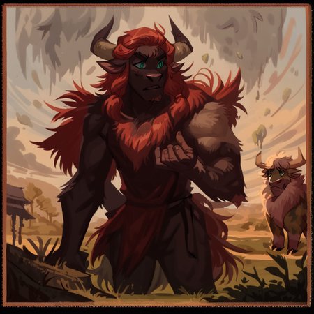 score_9, score_8_up, score_7_up, score_6_u   highland cattle perfect face detailed, focus in face  highland cattle,  highland cattle humanoid demon,  highland cattle  monster painting, in the style of atmospheric environments, epic landscapes, bold landscapes, dark cyan and red, raw, confrontational figures, brunaille underpainting, concept art