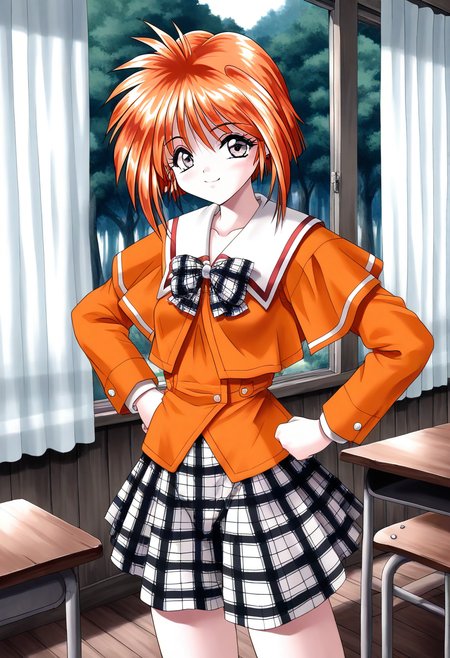 general,highres, ultra-detailed,very aesthetic,best quality ,best hands, BREAK <lora:Kawahara_Ayano_Akumu_AoiKajitsunoSange_IS:1>
Kawahara_Ayano, 1girl, solo, short hair, orange hair, small breasts, gray eyes, bangs, 
smile,
orange school uniform, plaid skirt,  white and black skirt, 
ribbon, outdoors,  hands on own hip,,  
braid, plaid bow, forest, half updo, long sleeves, 
class room, curtain,