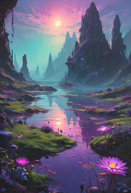 An otherworldly alien landscape featuring bizarre, surreal shapes and vibrant colors. The terrain is characterized by towering, twisted rock formations that seem to defy gravity, with crystalline structures jutting out at odd angles. The sky is a mesmerizing blend of unusual hues—deep purples, electric blues, and glowing greens—illuminated by multiple suns casting strange, elongated shadows. Unconventional flora, such as bioluminescent plants with spiraling tendrils and oversized, iridescent flowers, populate the landscape. In the distance, a shimmering lake reflects the vibrant sky, while floating islands hover above, connected by ethereal bridges of light. A thick, glowing mist envelops the scene, enhancing the dreamlike quality of this alien world.
style of greg rutkowski,janek sedlar,jenny saville:0]  <lora:vivid_everclear:0.35>  <lora:Sinozick:0.35>  <lora:MJ52:0.35>