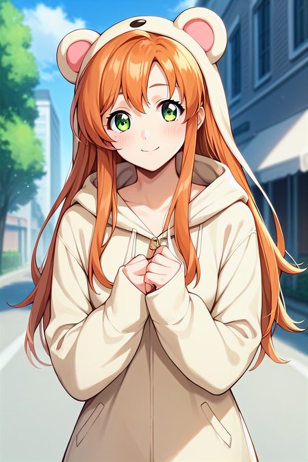 score_9, score_8_up, score_7_up, score_6_up, score_5_up, score_4_up, rating_questionable, , source_anime, digital illustration, pixiv, fanbox, uncensored, , BREAK, official art,
1girl, solo, female, shirley fenette, orange hair, green eyes, long hair,
animal costume, animal onesie, cute dress,, buildings, , outdoors, light smile, blush, cowboy shot, looking at viewer,  <lora:Shirley_fennete_Pony:0.8>