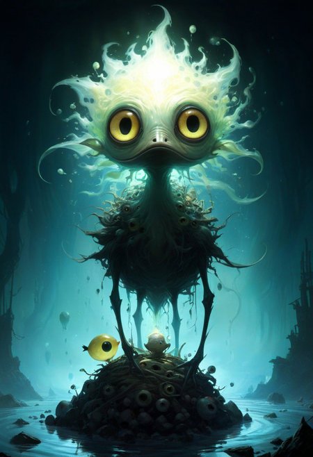 famous artwork by (vincent chong:1.1), detailed expressive eyes, fantasy style, this image shows the shady waterzibberer, this wondrous swallorfluxed creature, covered in bioluminescent whifflequark and pudderquack stands atop a wobblefjording pile of orbshnodder, silhouetted against a shmutzified aurora-filled sky of planet you'renotwelcomegoaway, hinting at its otherworldly nature, poster art, bold lines, expressive drawing,  award winning, (intricate details, masterpiece, best quality:1.4),
looking at viewer, dynamic pose, wide angle view,
<lora:add-detail-xl:1> <lora:xl_more_art-full_v1:0.5>