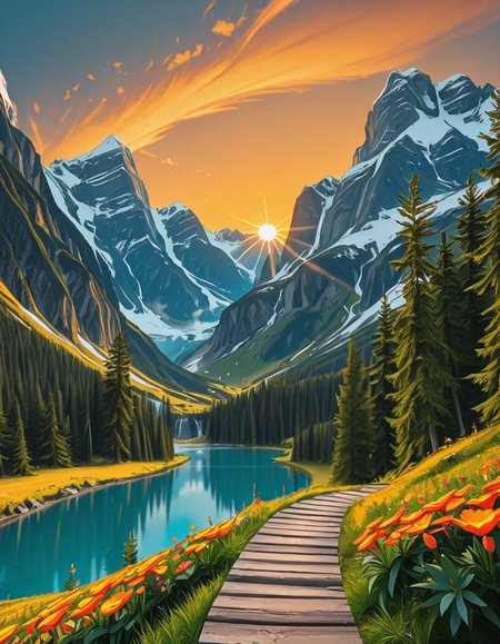 A breathtaking, high-resolution photograph of the most beautiful place on Earth, where natureâs wonders blend in perfect harmony. Towering, snow-capped mountains rise majestically in the background, their peaks glowing under the golden hues of a setting sun. Below, a crystal-clear turquoise lake reflects the colors of the sky, surrounded by lush, green forests filled with ancient trees, vibrant wildflowers, and cascading waterfalls. A soft mist rises from the valley, adding a dreamlike quality to the scene. In the distance, rolling meadows stretch toward the horizon, dotted with colorful flowers and serene wildlifeâgraceful deer grazing, birds soaring in the sky, and butterflies dancing in the breeze. A wooden footpath winds through the landscape, leading to a secluded, tranquil spot where the beauty of nature can be fully admired. The air is crisp and filled with the soothing sounds of rustling leaves, flowing water, and distant birdsong. The sky above is a masterpiece of colorsâdeep oranges, purples, and pinks blending seamlessly as the sun sets, casting a magical glow over this untouched paradise. The atmosphere is peaceful, awe-inspiring, and filled with a deep sense of wonder and tranquility, as if stepping into a perfect dream.
<lora:SDXLFaeTastic2400:0.4> <lora:extremely_detailed:0.4> extremely detailed,Earth P4r4d1s3, <lora:Earth_P4r4d1s3-i:1>, Masterpiece,best quality,hi res,8k,hi res,8k,award winning,(sharp focus, intricate, highly detailed),