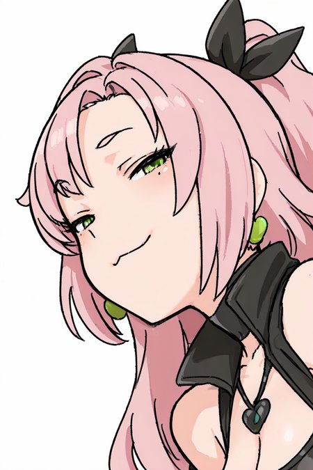 {{amazing quality, best quality, high quality, very aesthetic}}, 1girl, solo, simple background, nicole demara, :3, smug, smile, narrowed eyes
 <lora:Momo_no_suidousui_Illustrious:1>