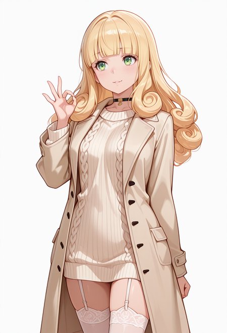 Smooth Quality,masterpiece,very intricate, high quality details, ultra realistic, high detailed skin,detailed enviorement,absurdres,
ok sign ,
 <lora:Poporon_CNR:0.8> poporon_cnr, 1girl, blonde hair, long hair,blunt bangs, green eyes, curly hair,, scared,, simple background, white background, front view,solo,, choker sweater,  ,long coat, ,garter straps, ,