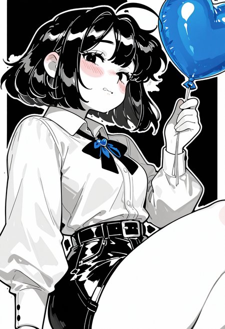 1girl, from side, sideways glance, looking at viewer, slouching, wavy mouth, black hair, short hair, huge ahoge, wilted ahoge, holding ballon, blue heart ballon, collared shirt, long sleeves, belt, shorts, Cute, art style, cartoony, spot color, greyscale, simple shading
Kenorland, kenorland, artist:moriimee, 748cmstyle, Bl3th3bn3_Styl3_SKNSFW,
 <lora:748cmSDXL:0.5> <lora:MoriiMee_Gothic_Niji_Style_Illustrious_r1:0.7> <lora:Bluethebone_Style:1> <lora:kernorland_v2:0.75>