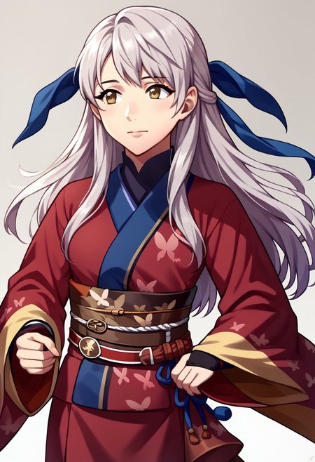 score_9, score_8_up, score_7_up, source_anime BREAK 1girl, solo, <lora:zs_AwakeningPortraitsXL:1> awakeningportraits, portraits, white background,  , micaiahkimono, light smile, grey hair, half updo, hair ribbon, japanese clothes, red kimono, butterfly print, sash, obi, long sleeves, wide sleeves, black gloves, <lora:fireemblem_micaiah_ponyXL:1>