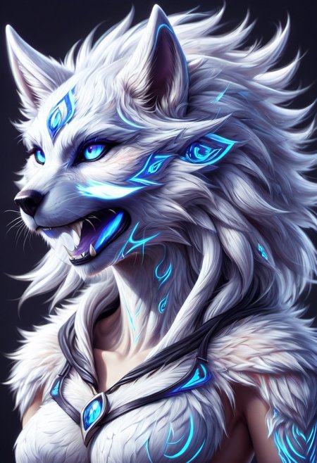 Kindred,fenrys, White fur, wolf girl, large breasts, choker, collarbone, cleavage, bare shoulders, thin, fine fractal glossy vivid colored ink sketch shiny contours outlines of a perfect physique female silhouette, source_furry, ral-dissolve