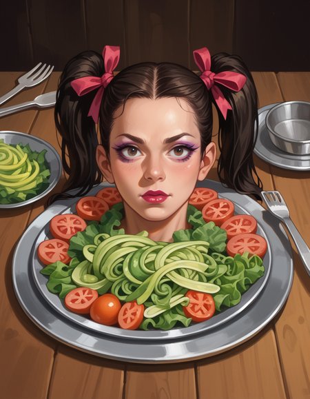 score_9, score_8_up, score_7_up, score_6_up, score_5_up, score_4_up, , solo, 1girl, Pigtails with Ribbon, makeup, lipstick, hud_h3ad_platt3r, table, tray, severed head, <lora:headonaplatter:1>, knife, fork, spoon, salad, food