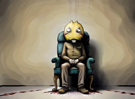a man with a hole in his head from yellow little monsters fall, sits on a chair in a desolate room <lora:rob_sheridan_drawing_style:1>