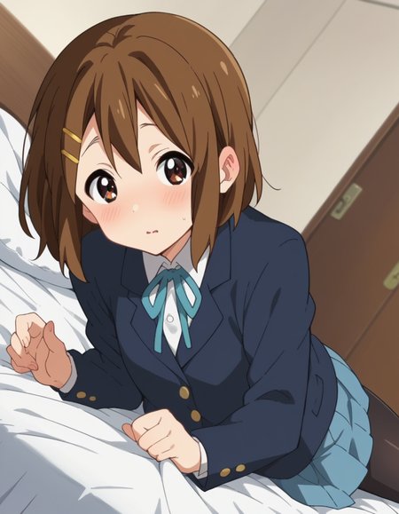 score_9, score_8_up, score_7_up, source_anime,
yuihirasawa, <lora:yui-hirasawa-s2-ponyxl-lora-nochekaiser:1>,
yui hirasawa, brown eyes, brown hair, hair ornament, hairclip, medium hair,
black pantyhose, blazer, blue jacket, blue ribbon, blue skirt, buttons, collared shirt, jacket, long sleeves, neck ribbon, pantyhose, pleated skirt, ribbon, sakuragaoka high school uniform, school uniform, shirt, skirt, white shirt, winter uniform,
indoors, bed, bed room, on side, blush, drunk,
looking at viewer, dutch angle, cowboy shot,