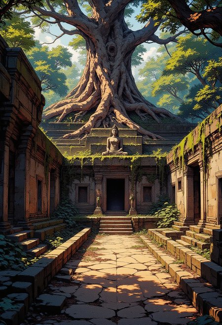Noon at an Abandoned Cambodian Temple
"The jungle has reclaimed the temple, its ancient stone walls wrapped in the gnarled roots of towering banyan trees. Sunlight filters through the canopy, casting shifting patterns over moss-covered carvings and forgotten pathways. A single stone doorway stands half-open, its entrance leading into darkness. A row of headless statues lines the temple’s outer corridor, their eroded surfaces worn smooth by time. The scent of damp earth and wild orchids fills the air, mingling with the distant hum of unseen insects. A shadow moves behind the trees, though no one is there."