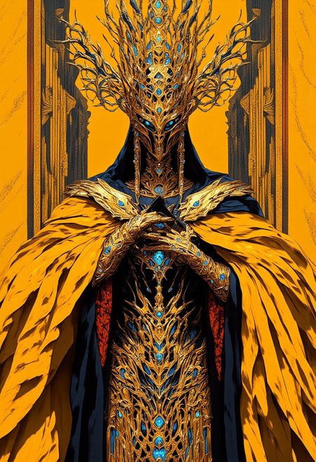 A hyper-realistic, stylized portrait capturing a figure draped in an opulent, flowing golden gown, its rippling folds alive with elegance and motion, as if caught in an eternal breeze. Their outstretched hands, palms upward, bear intricate, eye-like designs in silver and gold, each glinting with uncanny realism that evokes mystery and watchfulness. Delicate chains and dangling beads extend from the designs, scattering light in celestial patterns. The figure’s face is obscured by a mirror-like metallic mask encrusted with minute jewels that refract light into a kaleidoscope of brilliance, amplifying their enigmatic aura. A towering, ornate golden crown studded with sparkling gems rises above, suggesting celestial significance. The backdrop features a vivid yellow canvas overlaid with an intricate optical illusion of warped grids and elongated loops in black and white. These lines ripple and twist, creating pulsating waves and shifting dimensions that hypnotize the viewer. The interplay between the figure’s regal brilliance and the surreal dynamism of the backdrop crafts a flawless masterpiece, HD, 8k, ultra-detailed, flawless anatomy, masterpiece artwork. mythp0rt, midjourney_whisper_avant_couture, ne0nfant4sy