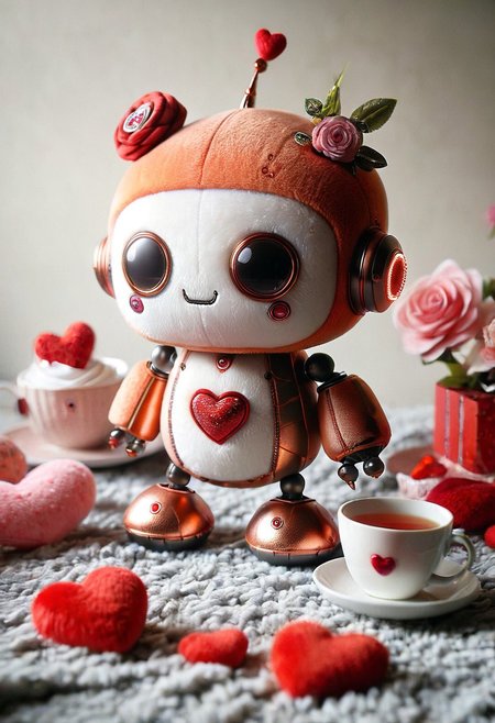 masterpiece, best quality, absurdres, cute copper gear robot tea party made out of plush, ral-smlvltnpls